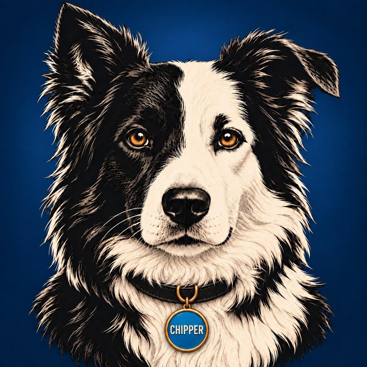 Chipper, a black and white Border Collie with amber eyes